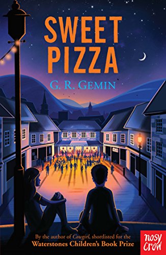 Book cover: "Sweet Pizza" depicts a town scene with figures in the foreground.
