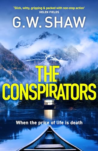 Book cover: mountains, lake, boat, and bold yellow title “The Conspirators.”