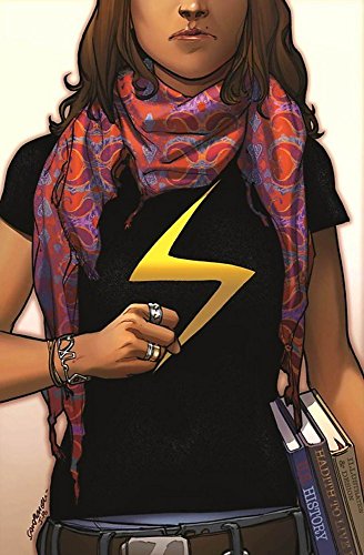 Ms. Marvel cover: young woman with brown hair, scarf, and books.