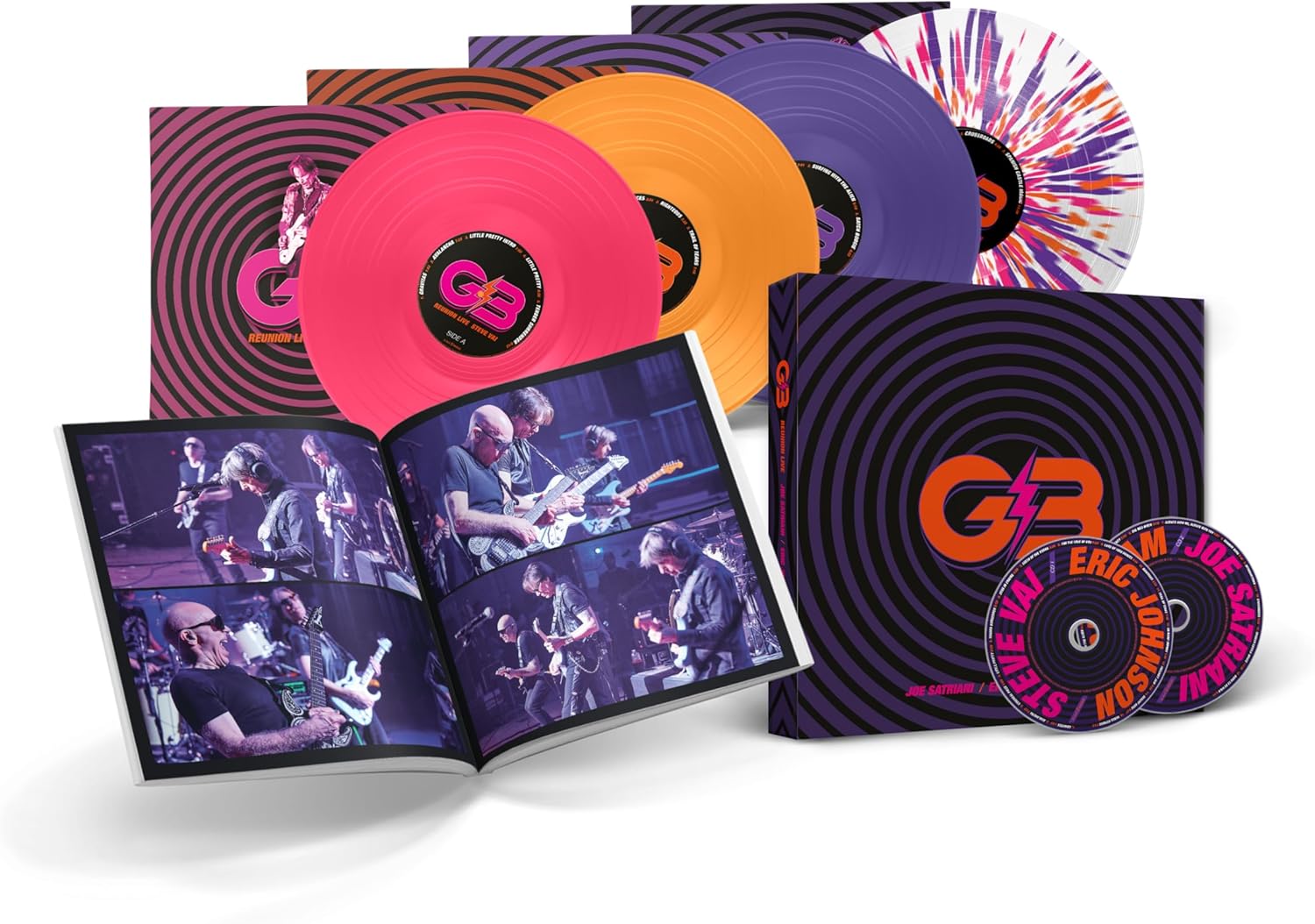 G3 Reunion Live vinyl set with colorful records and band photos.