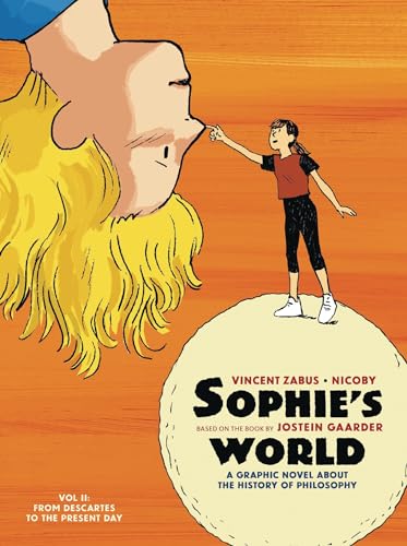 A girl touches the nose of a giant upside-down blonde head against orange background.