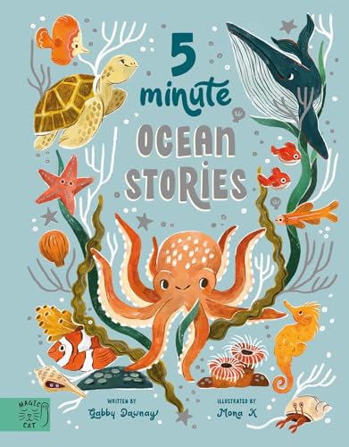 Book cover titled 5 Minute Ocean Stories with illustrations of sea creatures on blue.