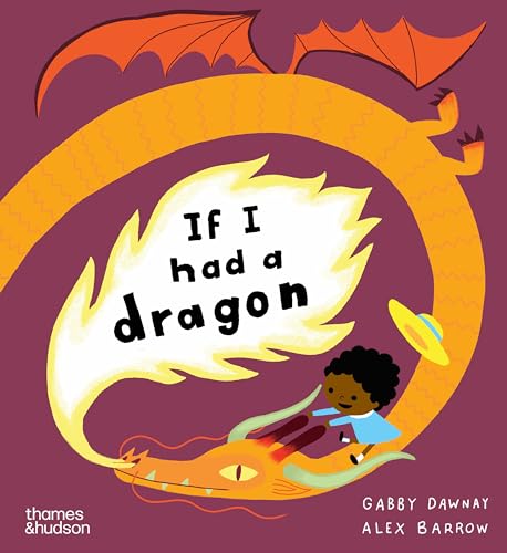 A child with curly hair rides an orange dragon against a purple background.
