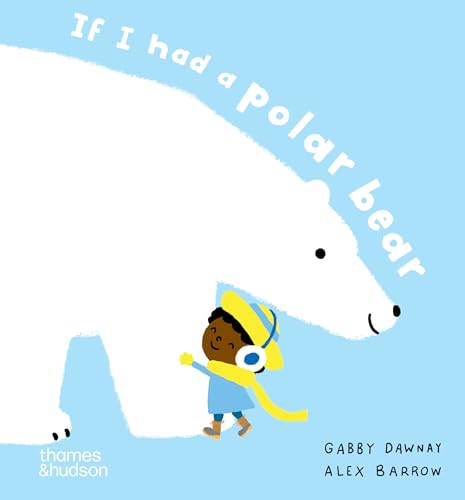 Child hugging a large white polar bear on a light blue background.