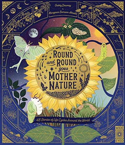 Book cover depicting life cycles with a sunflower, moon, and insects.