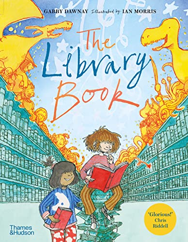 Children reading amidst fantastical creatures and towering library bookshelves.