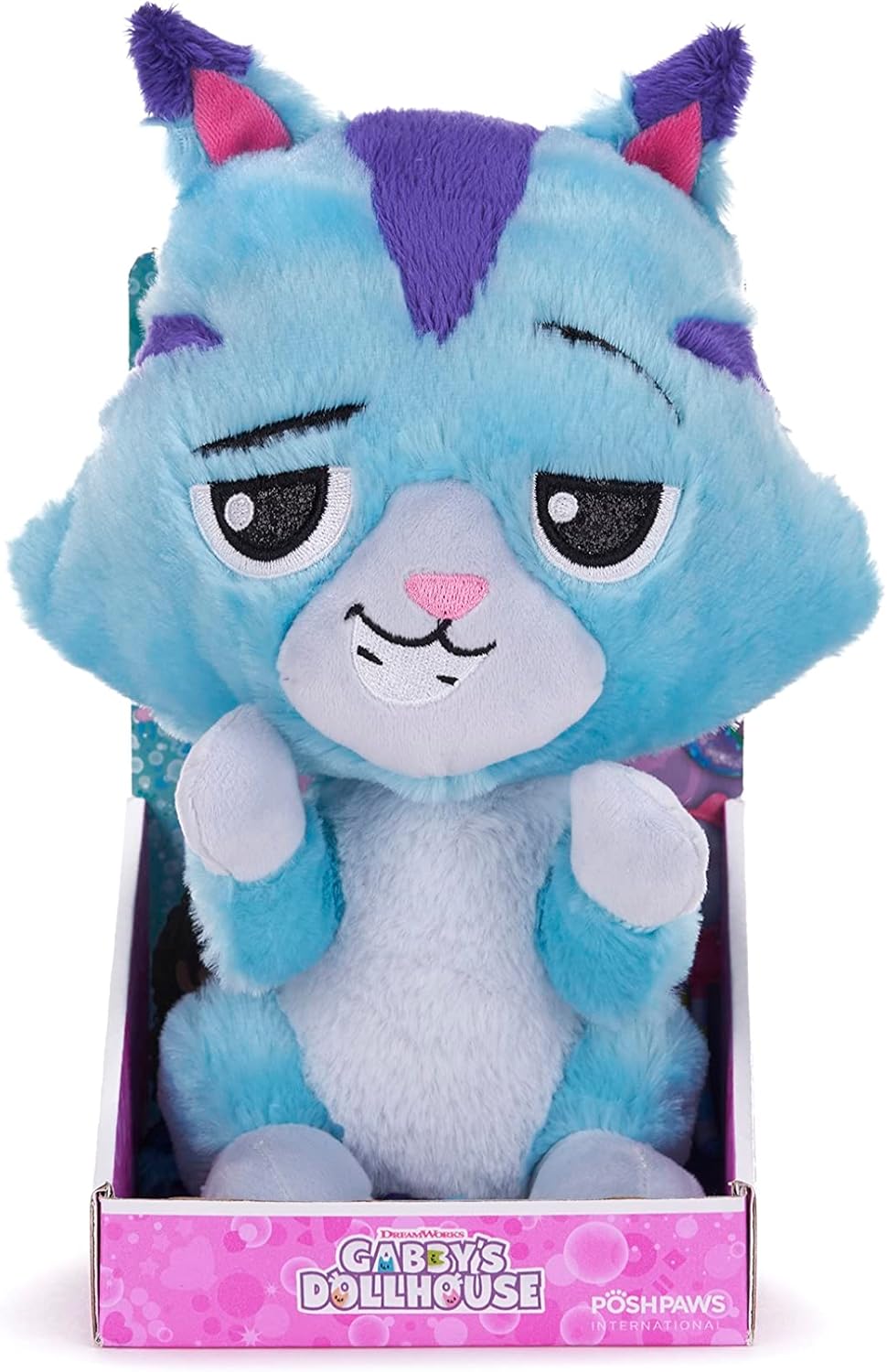 A blue Gabby's Dollhouse plush cat toy with purple stripes in its packaging.