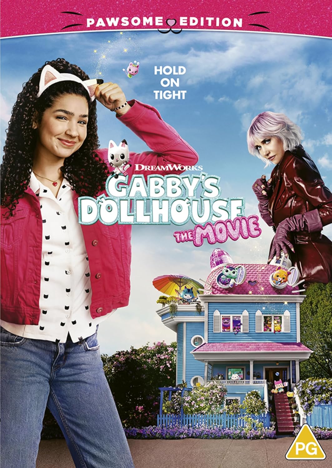 “Gabby’s Dollhouse” movie DVD cover featuring Gabby and Pandy Pawsome with a dollhouse.