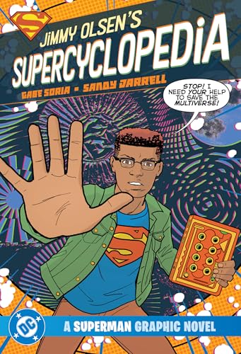Comic book cover featuring Jimmy Olsen holding a glowing device, colorful background.