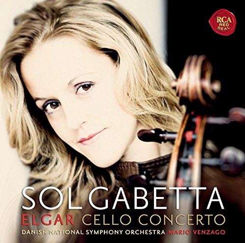 Cellist Sol Gabetta portrait with cello, album cover for Elgar’s Cello Concerto.