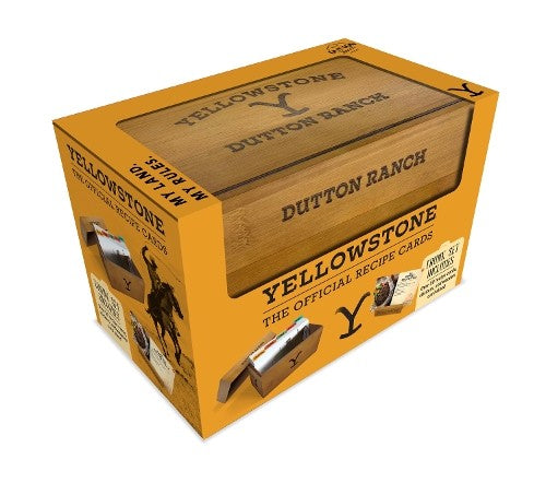 Yellow recipe cards in a box designed like a wooden crate, "Yellowstone" logo.