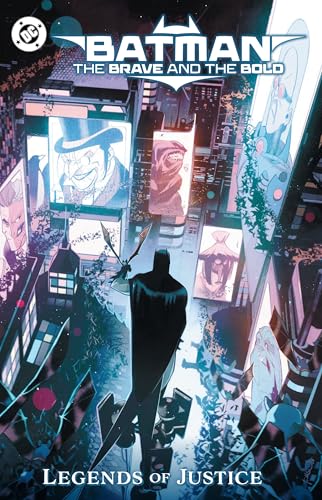 Batman stands silhouetted before a colorful, futuristic cityscape.