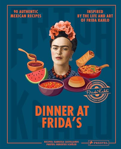 Cookbook cover featuring Frida Kahlo with Mexican food and floral headdress.