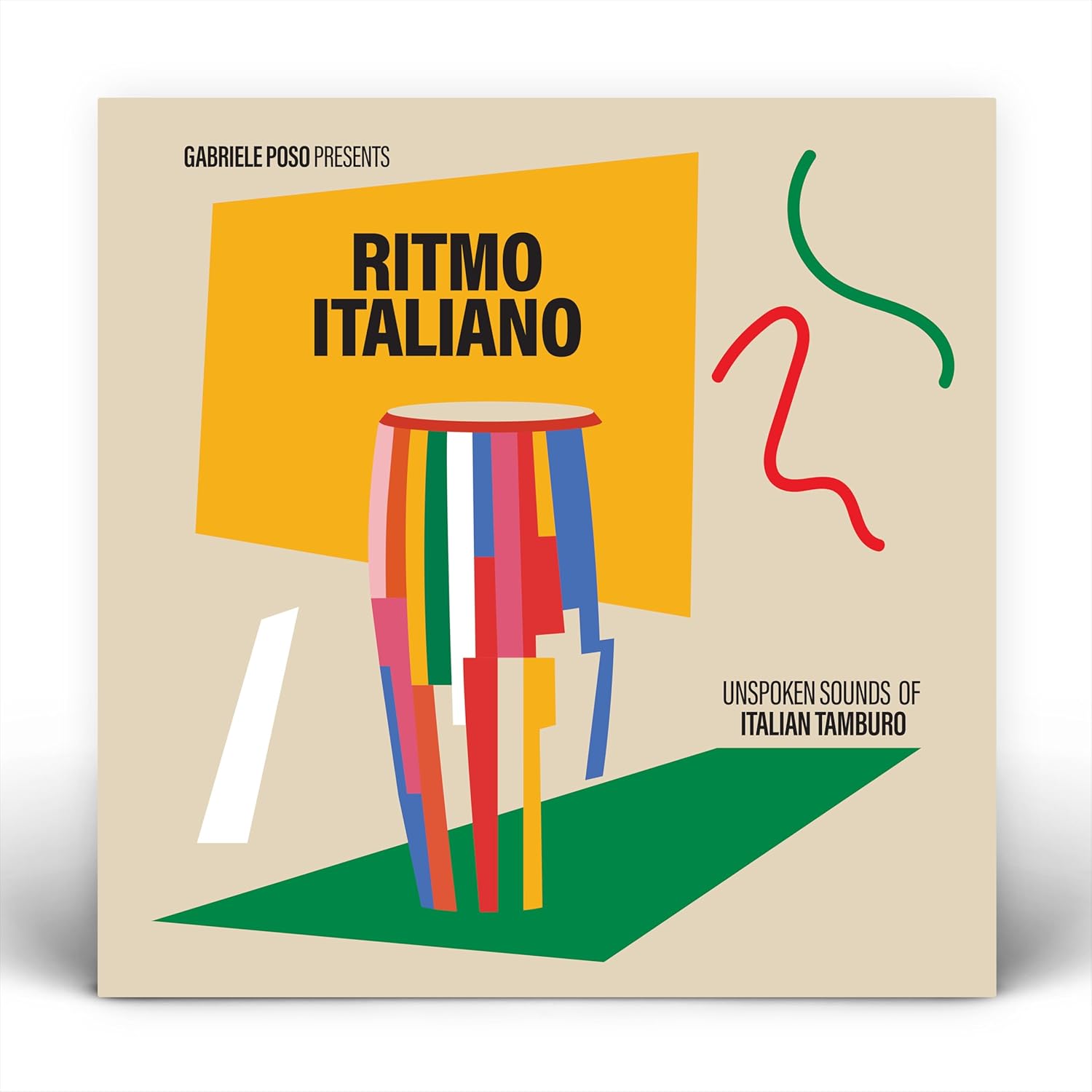 Vinyl record cover: yellow, red, and green with a tambourine illustration.