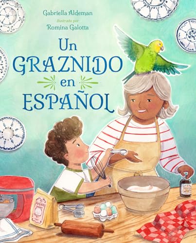 Children’s book cover: woman, boy, and a green parakeet baking.