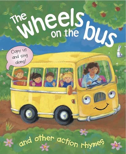Yellow school bus with smiling children, cover of a children’s songbook.