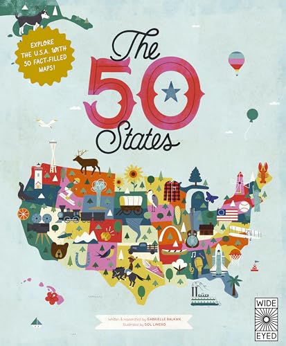 Colorful illustrated map of the USA with landmarks and the title "The 50 States".