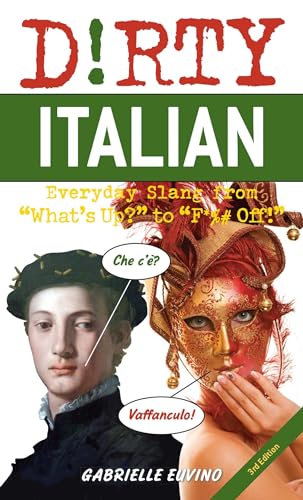 Book cover: "Dirty Italian" with a Renaissance portrait and carnival mask.