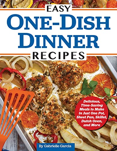 Cookbook cover featuring sheet pan chicken and vegetables, titled "Easy One-Dish Dinner Recipes".