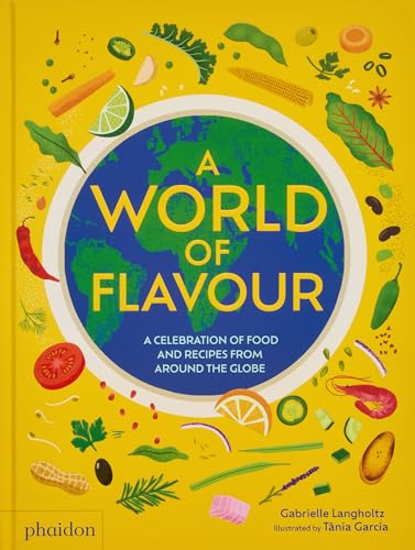 Cookbook cover with a world map illustration surrounded by colourful fruits and vegetables.