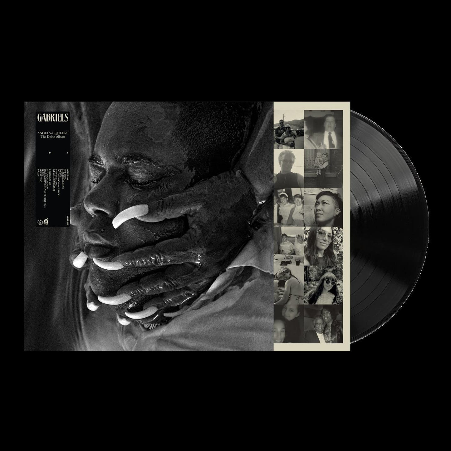 Vinyl record cover showing a face held by hands with long nails and photos.