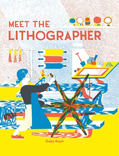Book cover: woman working at a lithography press, colorful illustration.