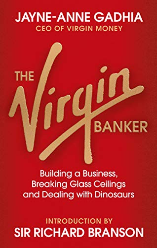 Book cover: "The Virgin Banker" by Jayne-Anne Gadhia, red background.