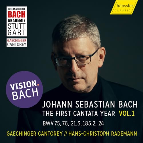 CD cover featuring a portrait of conductor Hans-Christoph Rademann and text “Vision. Bach”.