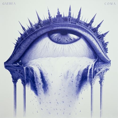 Gaerea “Coma” CD cover: eye with city skyline and falling water.