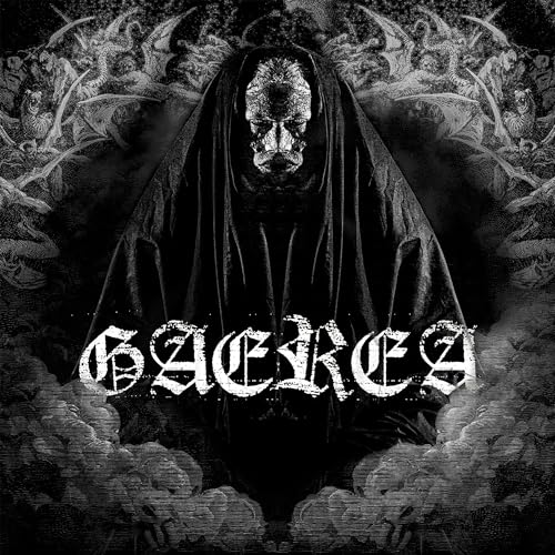 Black and white album cover featuring a hooded figure and ornate details.