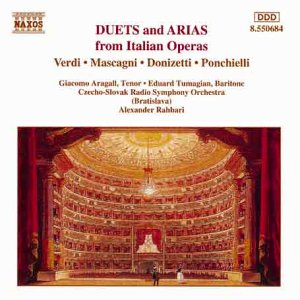 CD cover for Donizetti’s Italian opera duets and arias, ornate theater backdrop.