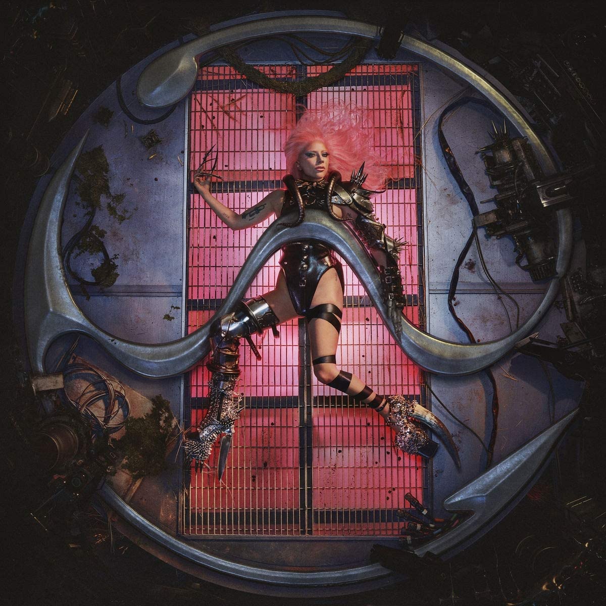 "Album cover featuring a woman with pink hair in a metal cage."