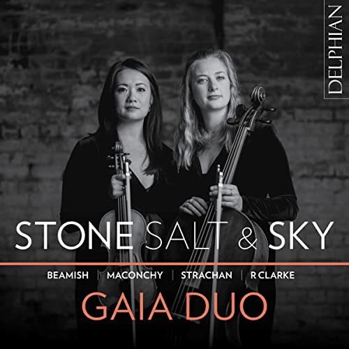 Two women with cellos, album cover for “Gaia Duo - Stone, Salt and Sky.”