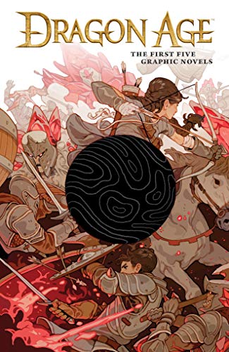 Dragon Age: The First Five Graphic Novels book cover featuring a chaotic fantasy battle scene.