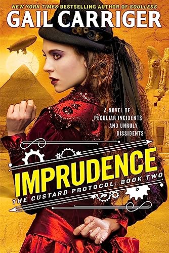 Book cover: woman in red dress, pyramids, airship, steampunk aesthetic.