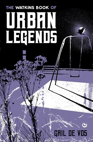 Book cover with purple text, a swing set, and shadowy trees.