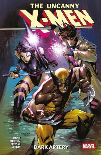 Wolverine, Psylocke, and Gambit in a dynamic action pose on a comic book cover.