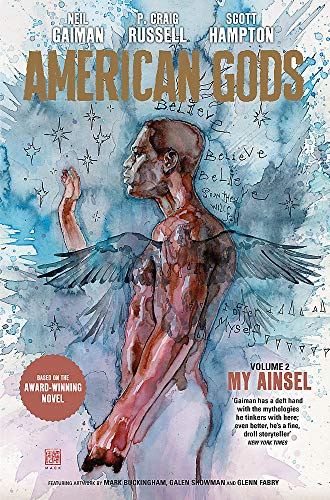 Watercolor illustration of a winged, muscular figure with text: "American Gods: My Ainsel".