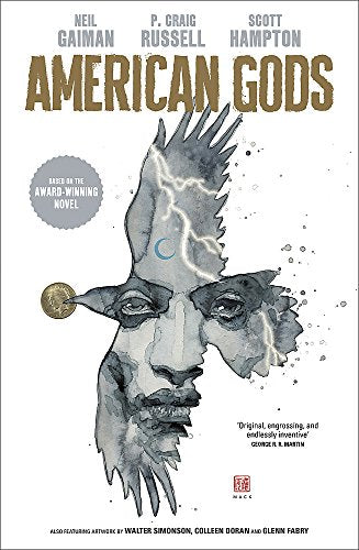 Cover of "American Gods" comic, featuring a watercolor-style face with a bird.