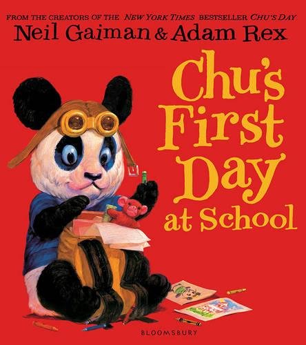 Panda cub with backpack and toy, book cover for "Chu's First Day.