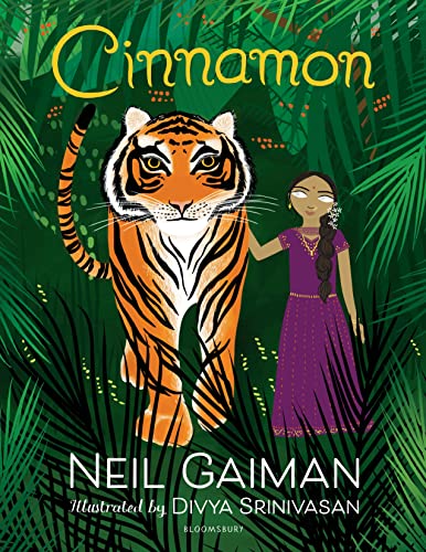 Book cover: tiger and girl in lush green foliage, title "Cinnamon".