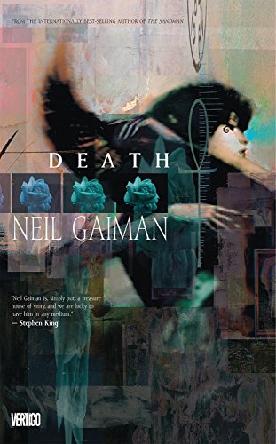 Book cover: "Death" by Neil Gaiman, featuring a woman and blue flowers.
