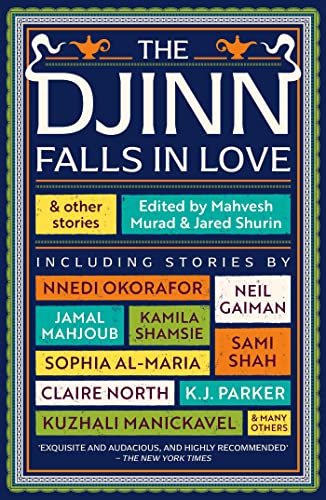 Book cover for "Djinn Falls in Love," featuring colorful stacked text blocks.
