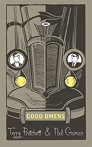 Book cover for “Good Omens” featuring a car grill and author portraits.