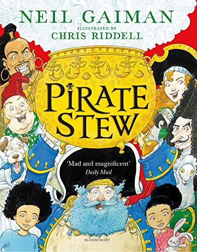 “Pirate Stew” book cover with diverse characters around a large pot.