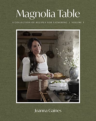 Book cover featuring Joanna Gaines in a kitchen, titled Magnolia Table, Volume 3.
