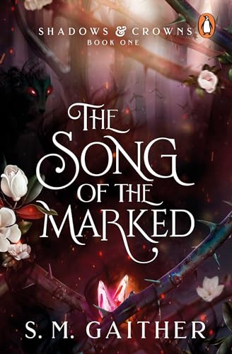 Book cover with white title text, thorny vines, white flowers, and glowing red eyes.