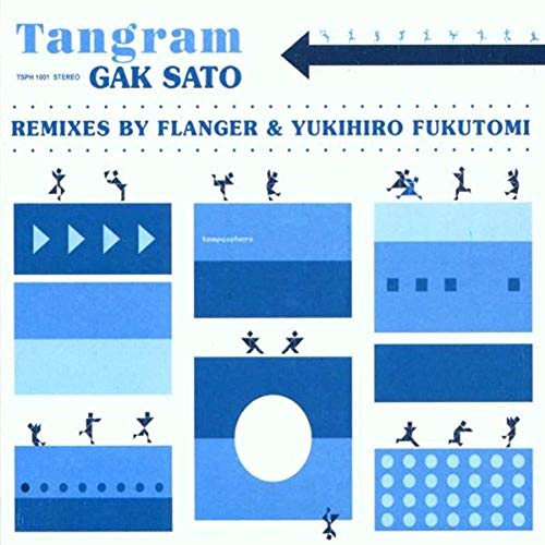 CD cover for Gak Sato’s “Tangram” with blue geometric shapes and figures.