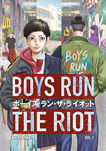 Manga cover: three boys with urban graffiti background, title “Boys Run the Riot”.