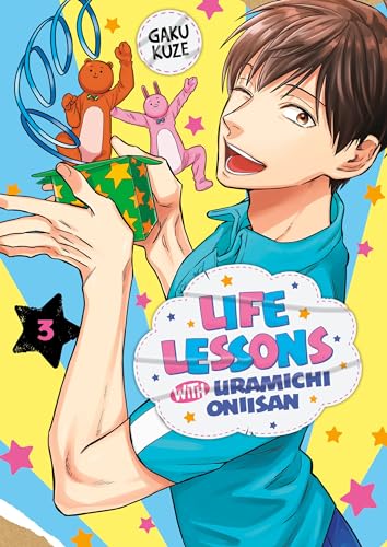 Manga cover: man holding a gift box with toys, colorful background.